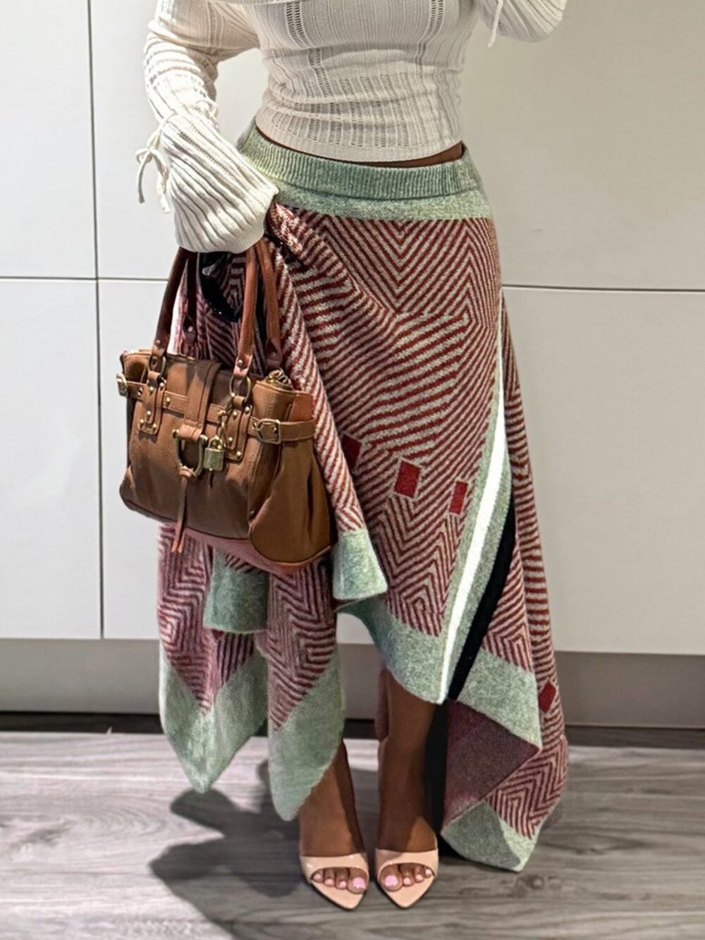 Multicolor Casual Women's knit sweater asymmetrical skirt